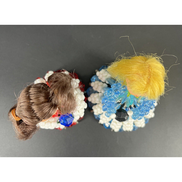 Vintage Tramp Art Doll Head Beaded Safety Pin Girls Blue Red Dress Display - Picture 2 of 16